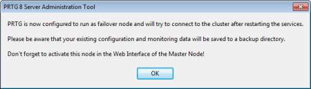 PRTG Server Administrator - Failover Node Configuration Warning