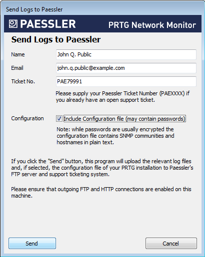 Send Logs to Paessler dialog in PRTG Server Administrator