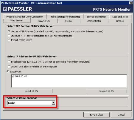 PRTG Administration Tool—Select System Language"
